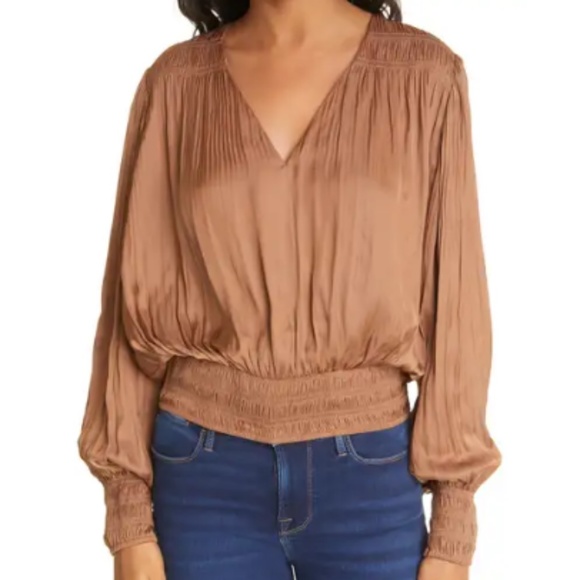 Frame Denim | Camel plisse silk Blouse, Sz L - Picture 1 of 4